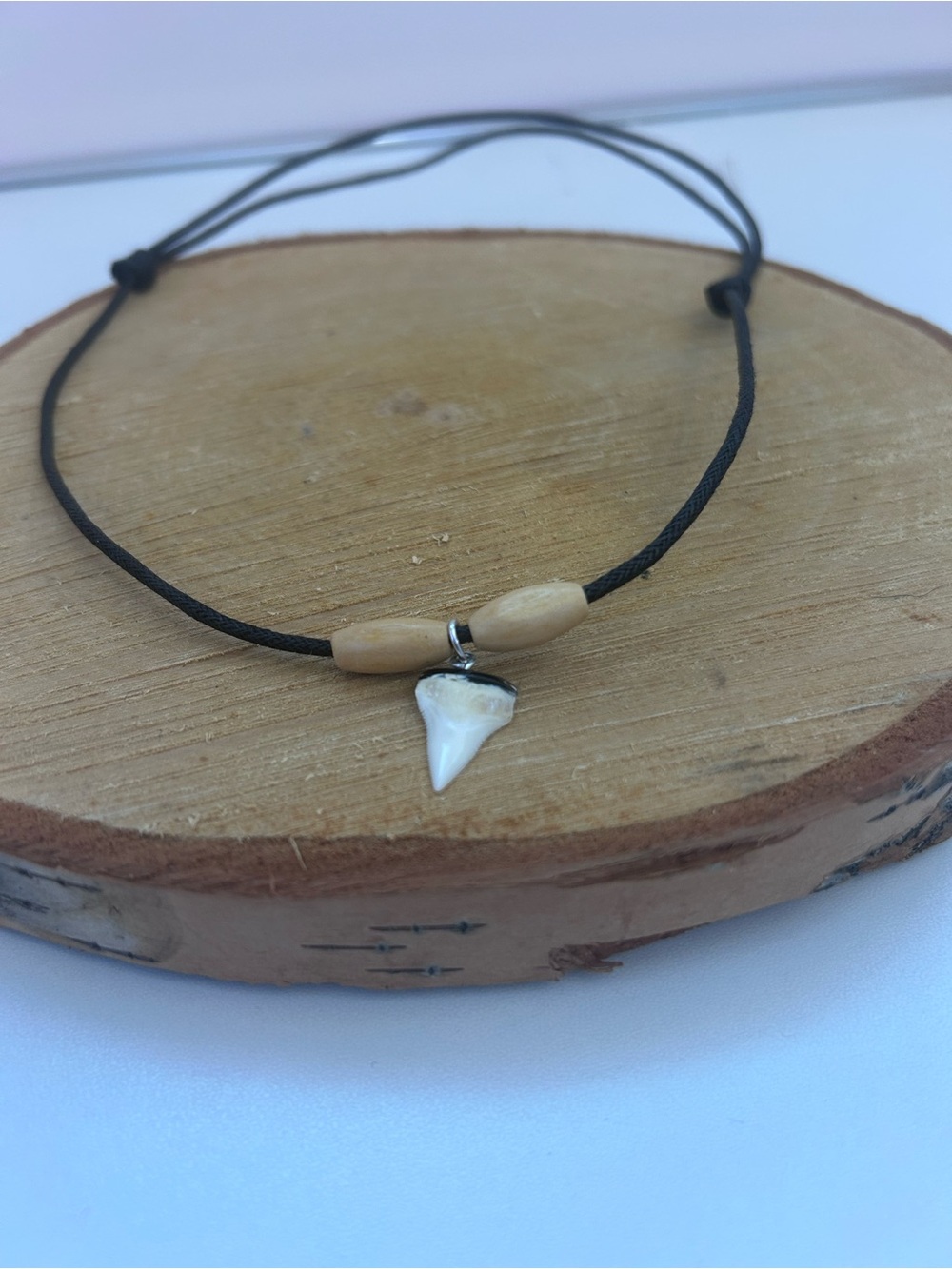 Handmade Black Cord Necklace with White Shark Tooth Pendant
